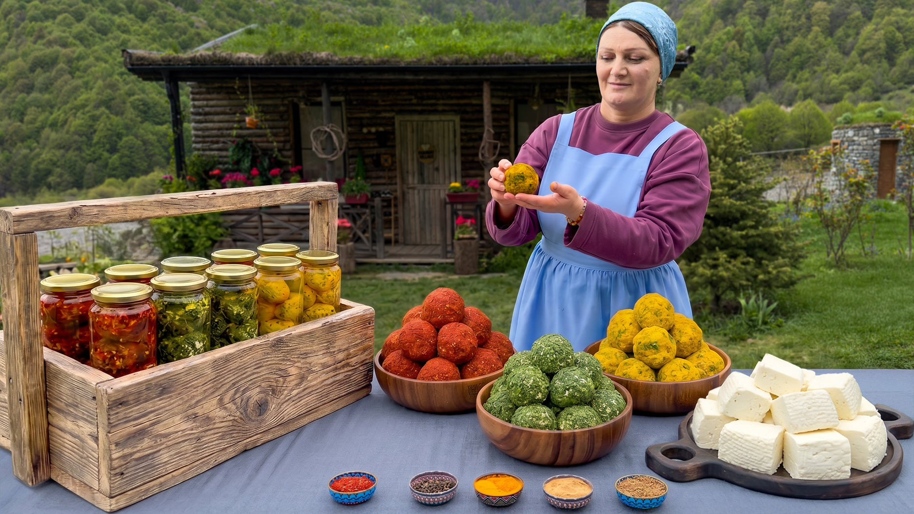 Traditional Azerbaijani Village Breakfast: Homemade Strained Cheese Balls in Oil, Flaky Qatlama Pastry & Clay Pot Bread