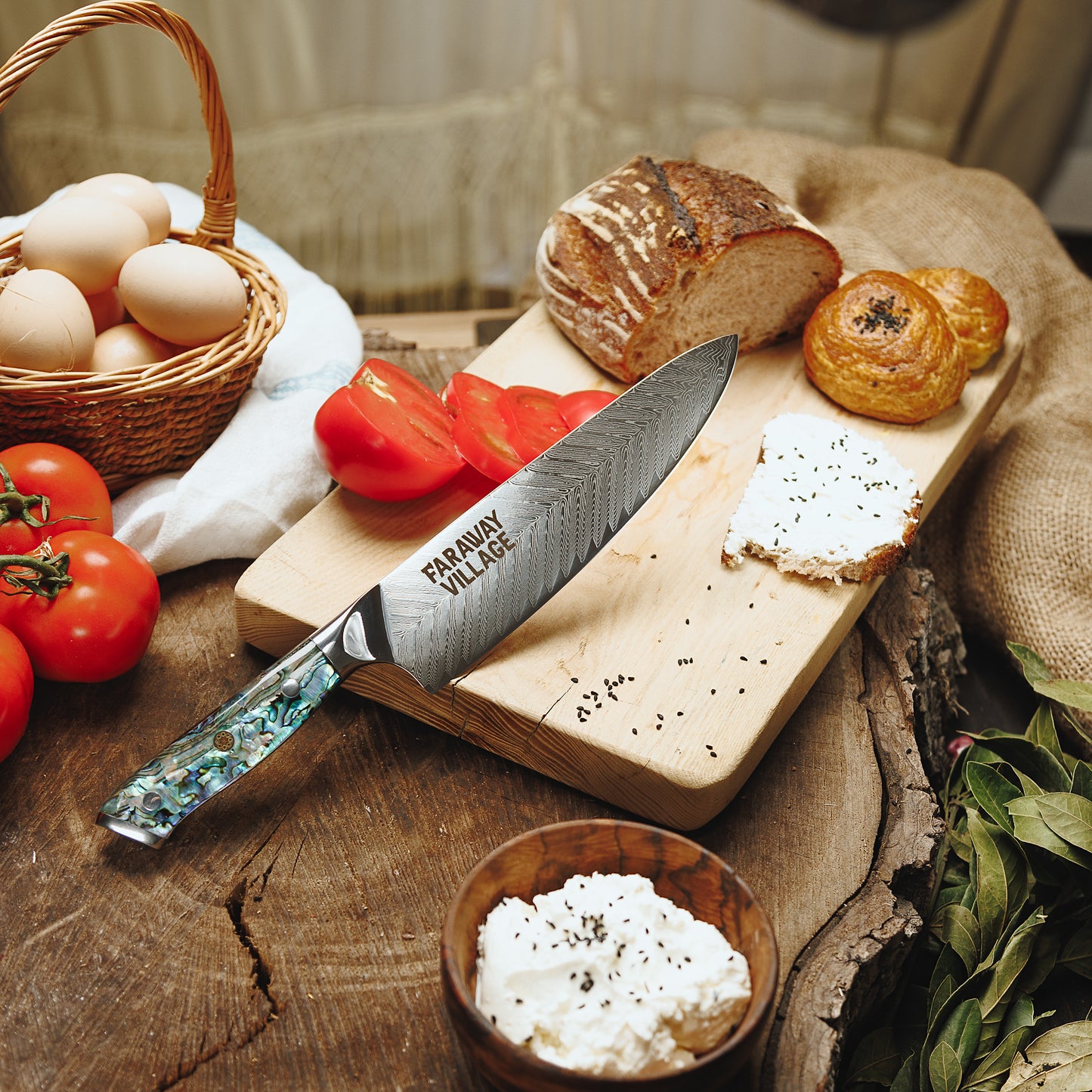 Premium Damascus Chef Knife + Large Wooden Bowl - Bundle