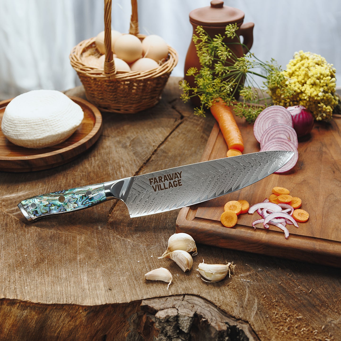 Premium Damascus Chef Knife + Large Wooden Bowl - Bundle