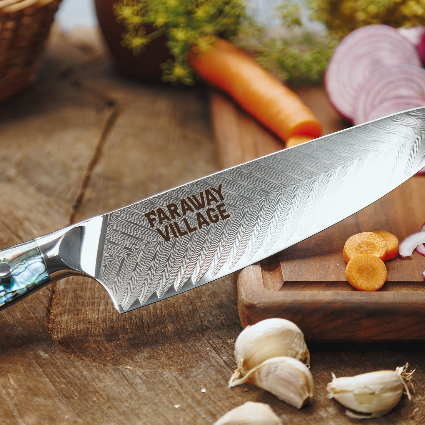 Premium Damascus Chef Knife + Large Wooden Bowl - Bundle