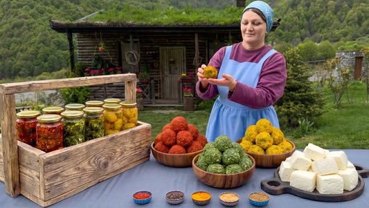 Traditional Azerbaijani Village Breakfast: Homemade Strained Cheese Balls in Oil, Flaky Qatlama Pastry &amp; Clay Pot Bread