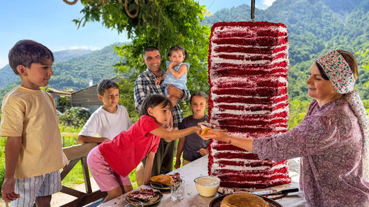 Mountain Village Layered Red Velvet Tower, Traditional Cold Citrus & Mint Lemonade