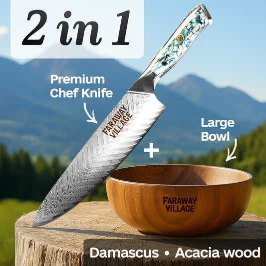 Premium Damascus Chef Knife + Large Wooden Bowl - Bundle
