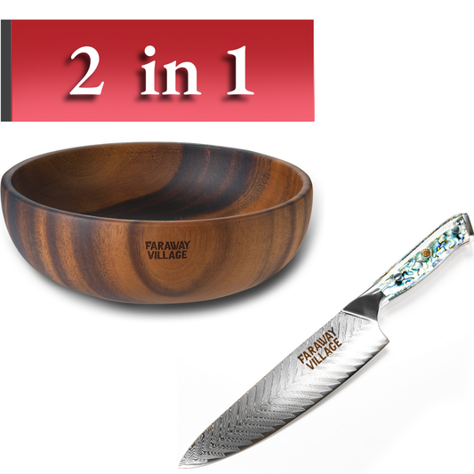Premium Damascus Chef Knife + Large Wooden Bowl - Bundle