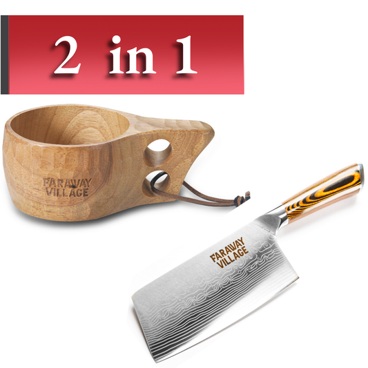 Damascus Cleaver knife + Wooden Cup - Bundle