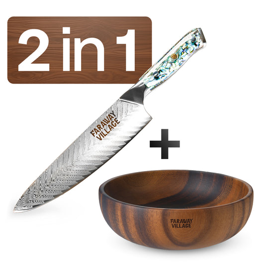 Premium Damascus Chef Knife + Large Wooden Bowl - Bundle
