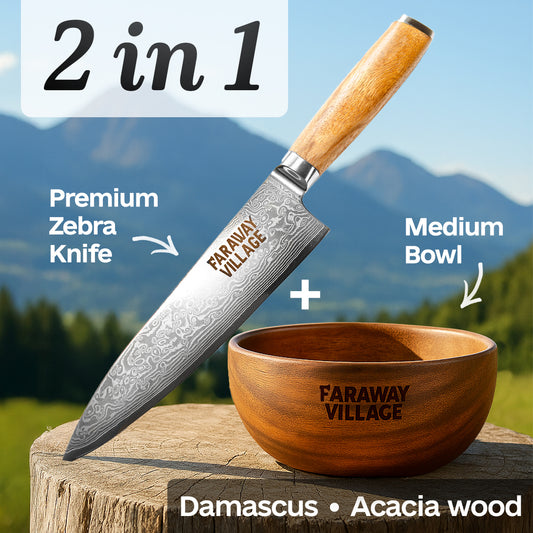 Premium European Zebra Damaskus chef Knife + Medium Wooden Bowl - Bundle