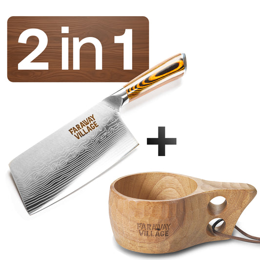 Damascus Cleaver knife + Wooden Cup - Bundle