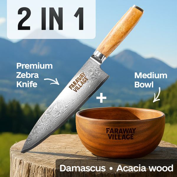 Premium European Zebra Damaskus chef Knife + Medium Wooden Bowl