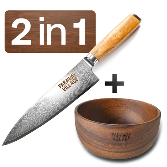 Premium European Zebra Damaskus chef Knife + Medium Wooden Bowl - Bundle