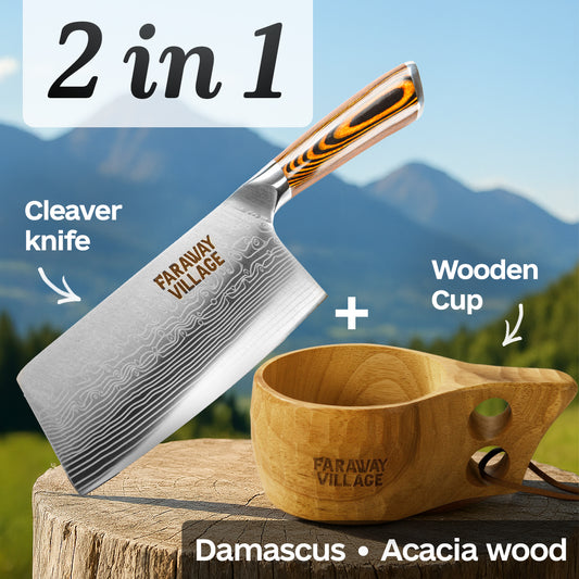Damascus Cleaver knife + Wooden Cup - Bundle