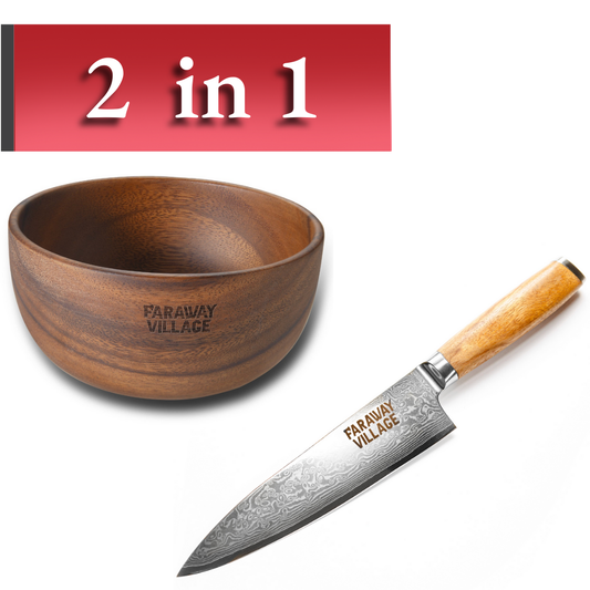 Premium European Zebra Damaskus chef Knife + Medium Wooden Bowl - Bundle