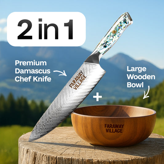 Premium Damascus Chef Knife + Large Wooden Bowl - Bundle
