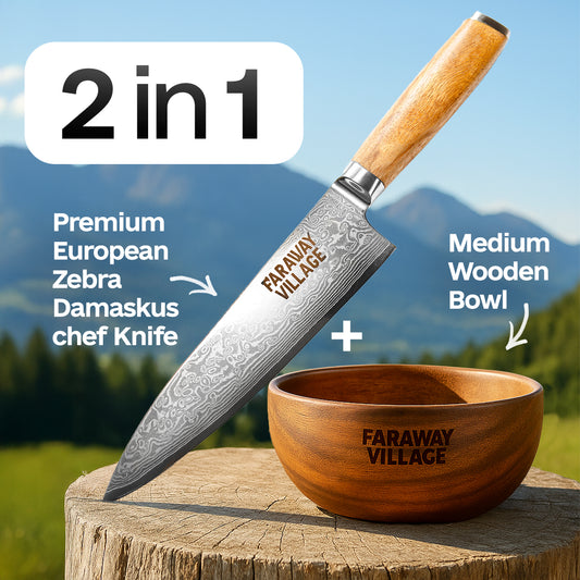 Premium European Zebra Damaskus chef Knife + Medium Wooden Bowl - Bundle