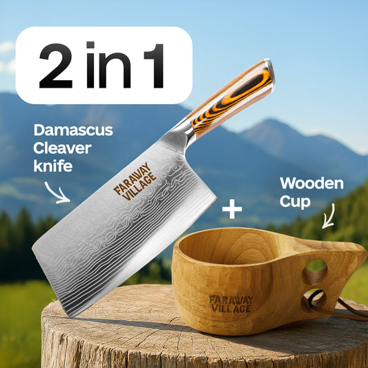 Damascus Cleaver knife + Wooden Cup - Bundle