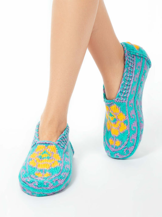 Handmade Socks Turquoise Yellow Tulip